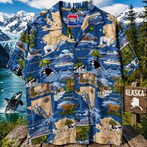Vintage Dem Crazy Alaska Map Hawaiian Shirt Mens XL Whale Scenic Rayon Blue Camp
